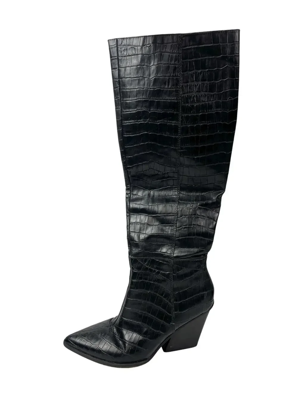 Dolce Vita Black Leather Crocodile Print Pointed Toe Knee High Cowboy Boots 9.5